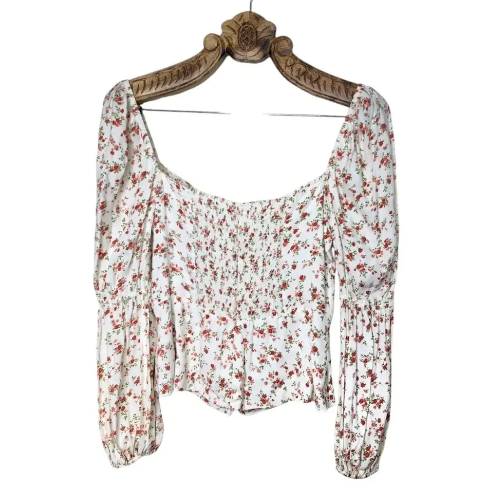 Reformation Cera Top White Red Floral Long Sleeve Button Front Sweetheart Neck 8